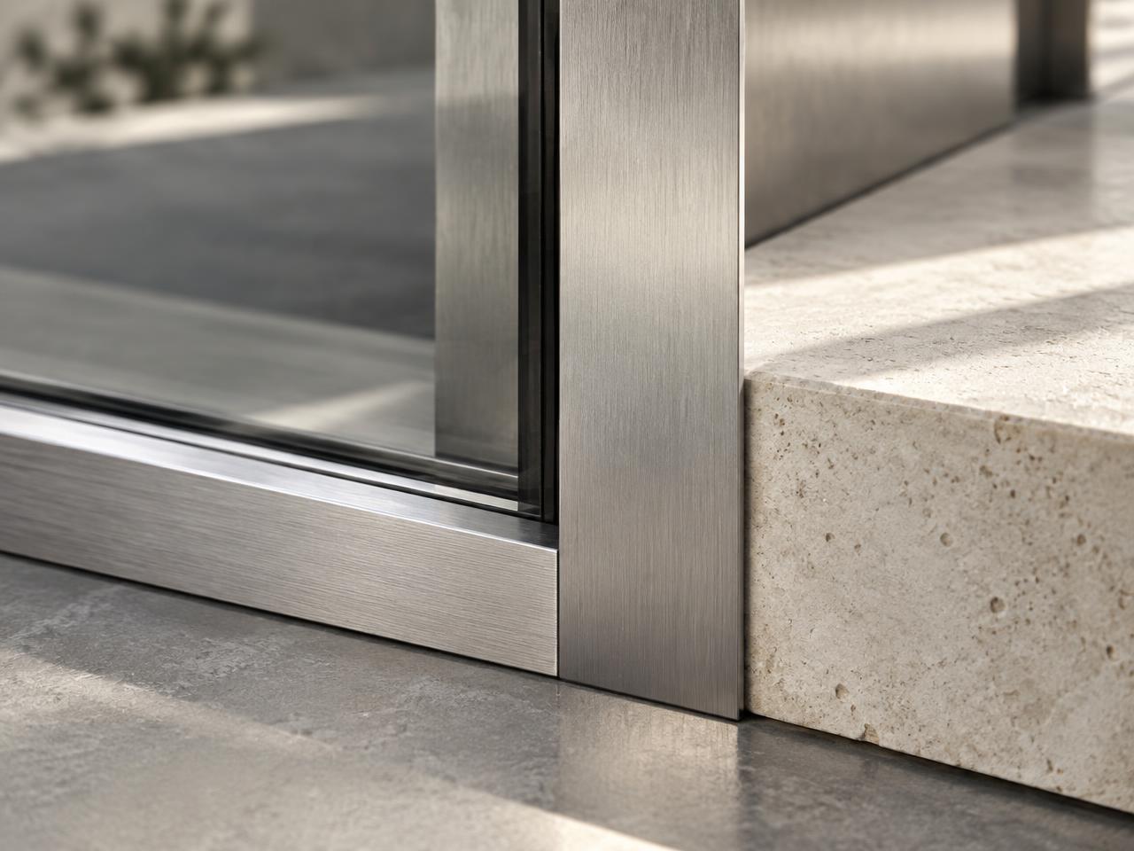 Brushed aluminium profile meeting glass and stone